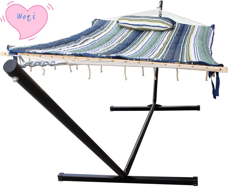 Wq 2 Person Hammock with Cotton Rope Quilted Fabric Pad Hardwood Spreader Bar Hammock with 12 Ft Stand