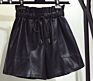 Designed High Waisted Wide Leg Black Faux Leather Shorts for Women