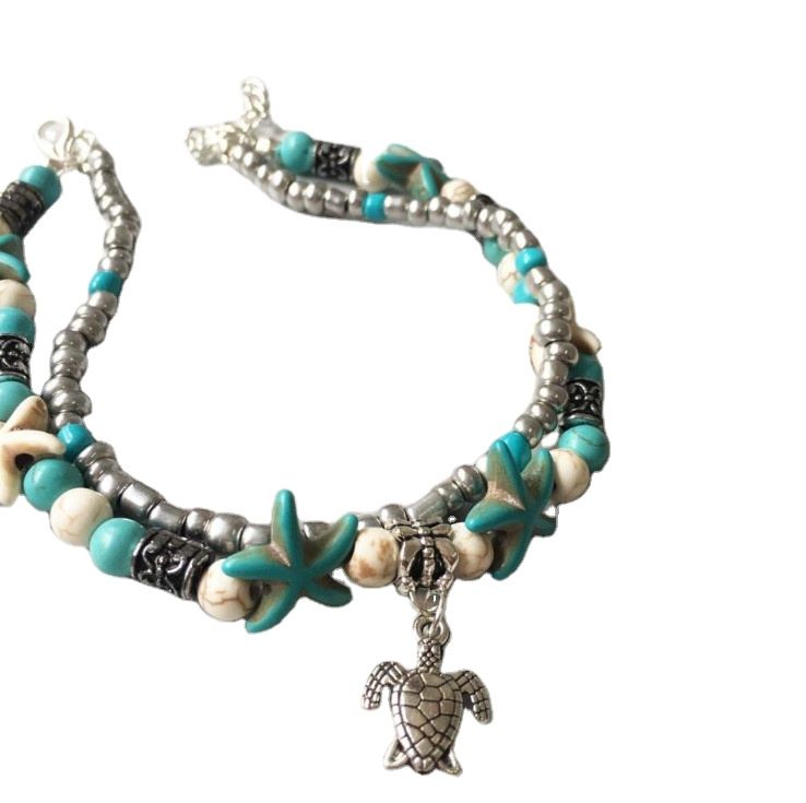 Women Shell Turtleand Heart Anklet Bohemian Beads Anklets Sterling Silver Chain Ankle Bracelet on Leg Anklet