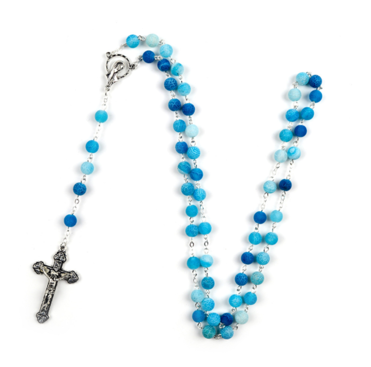 Blue Frosted Natural Stone Rosary Necklace 8Mm Rosary Zinc Alloy Cross Rosary Necklace