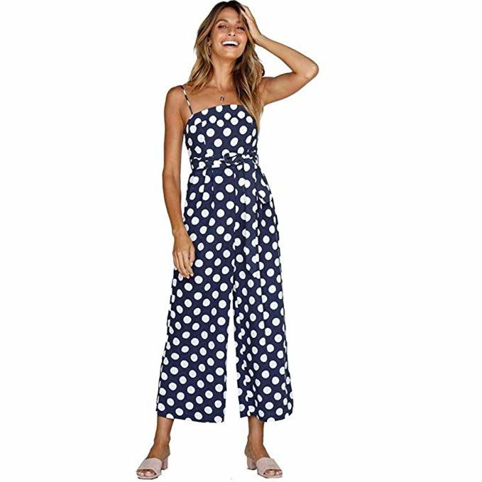 Magicmk Women's Polka Dot Print off Shoulder Romper Casual Strapless Wide Leg Pants Jumpsuit