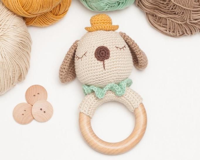 Wood Baby Teether Handmade Crochet Dog Rattle Wood Ring Baby Toys Animal Teething Toy Baby Wooden Teether