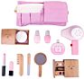 Wooden Makeup Play Set Cosmetics Toys Beauty Salon Pretend Play Accessories with Hair Dryer Girls Gifts