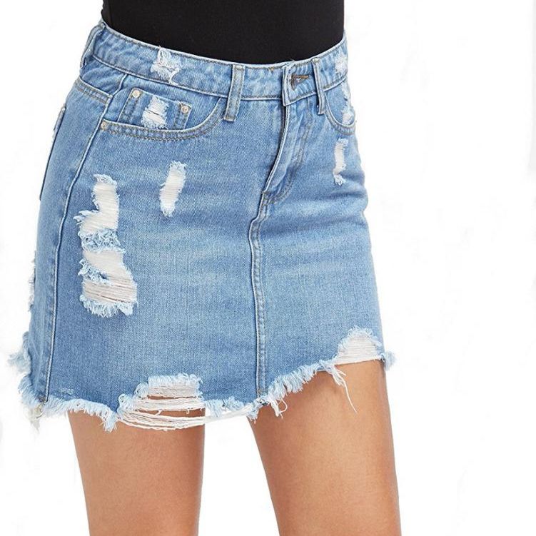 Casual High Waist Denim Skirt Blue Light Wash Women Distressed Mini Pencil Skirt Ripped Pocket Skirt E622