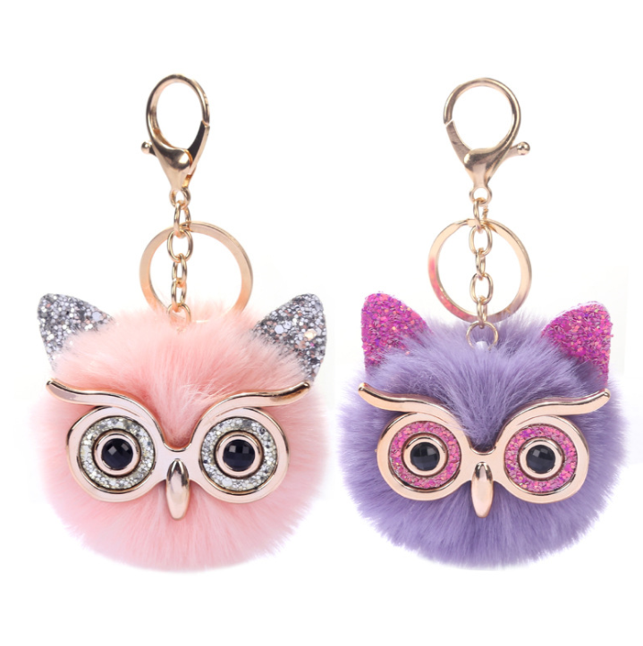 Pom Pom Keychain Keyring Fluffy Puff Ball Key Chain Accessorie Charm Pendant Decoration Faux Fur Ball Owl Pompoms Keychains Girl