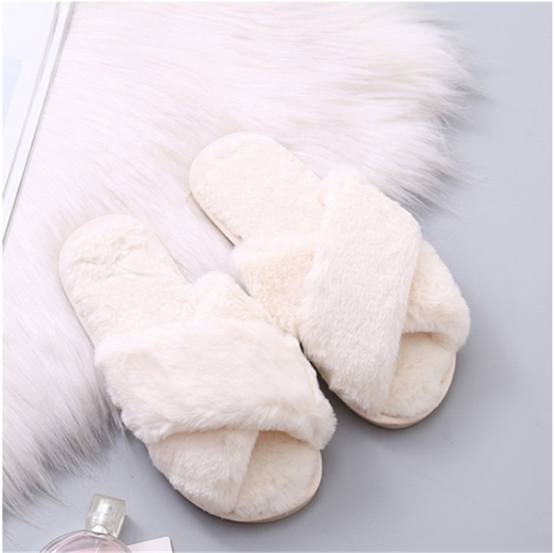 Autumn House Shoes Women Home Slippers Warm Faux Fur Ladies Cross Soft Plush Furry Female Open Toe Shoes