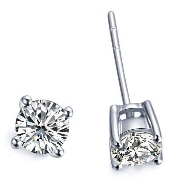 925 Sterling Silver Setting Clear round Cz Cubic Zirconia Stud Earrings for Women