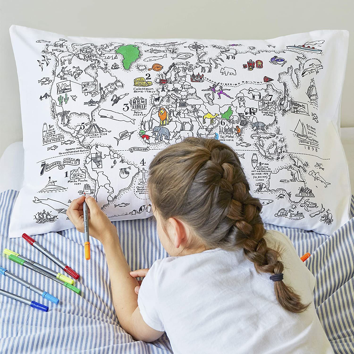 Color Your Own Pillow Case Doodle World Map Pillowcase with 10 Washable Fabric Markers