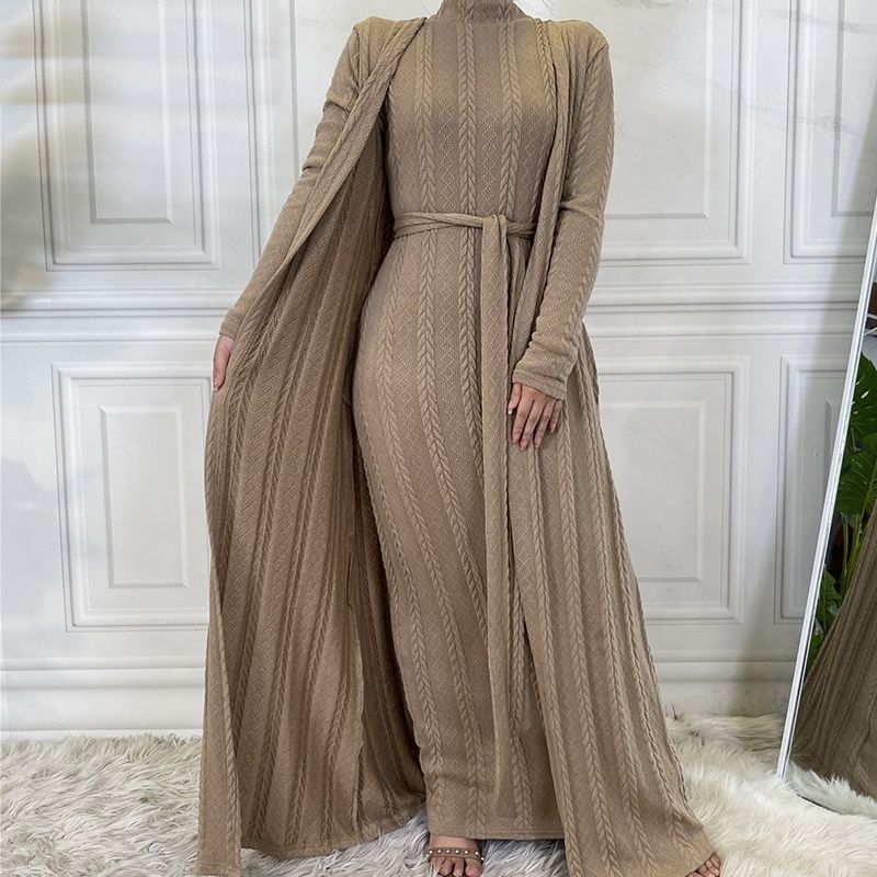 Latest Design Knitted Slim Fitting Long Coat for Women Muslim Open Abaya Islamic Clothing 6 Colors Fall Collection