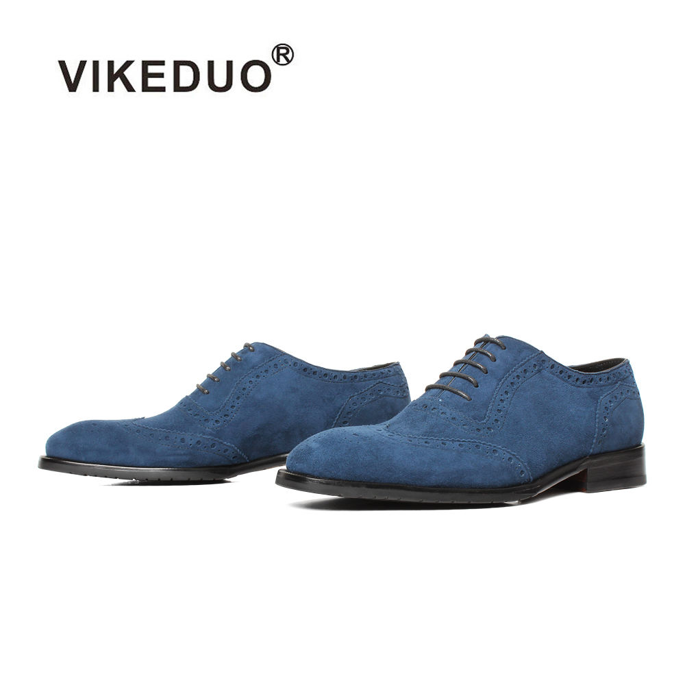 Vikeduo Hand Made Latest Shoe Trends Styles Blue Brogues Leather Suede Dress Men Classic Shoes