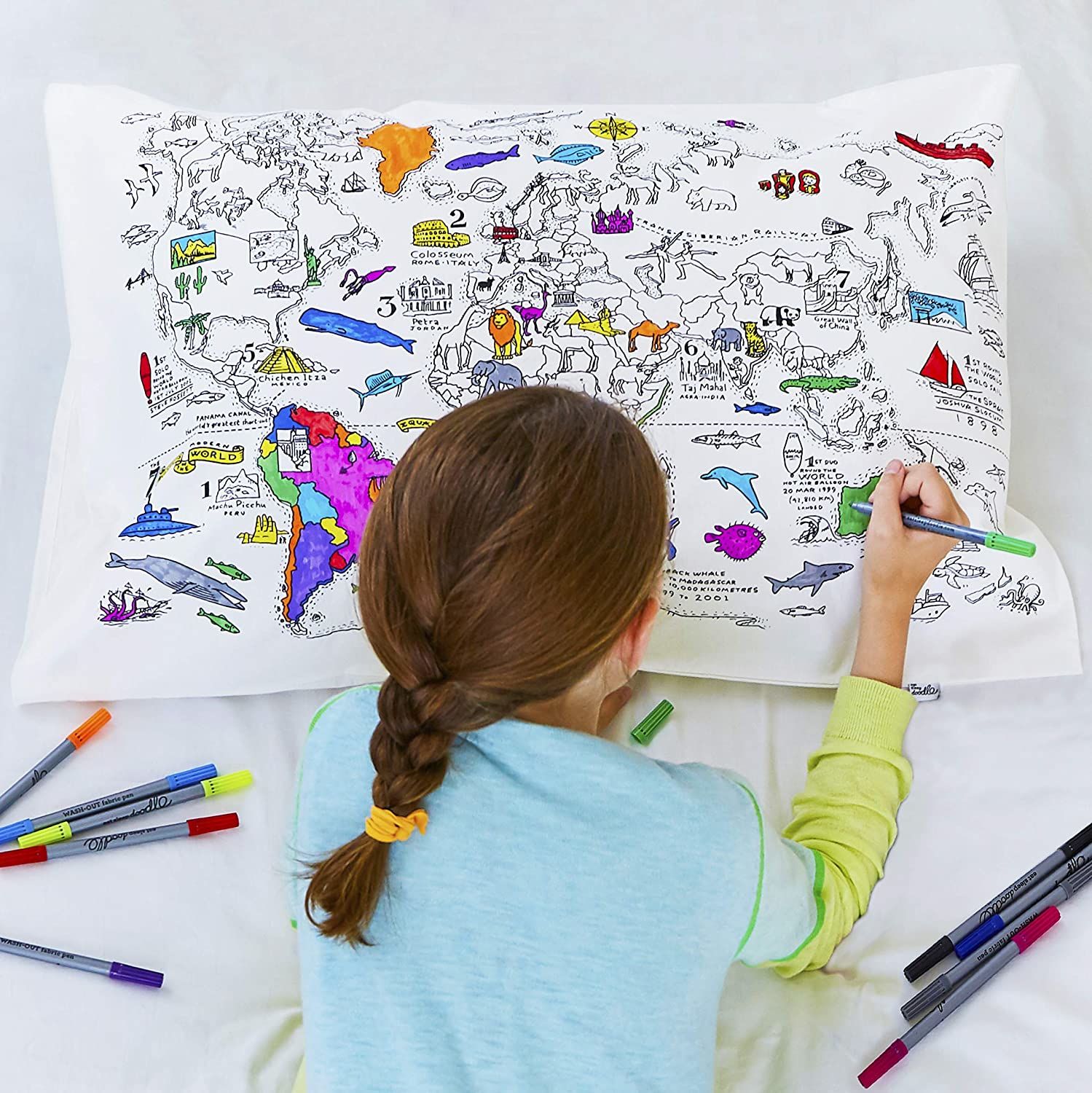 Color Your Own Pillow Case Doodle World Map Pillowcase with 10 Washable Fabric Markers