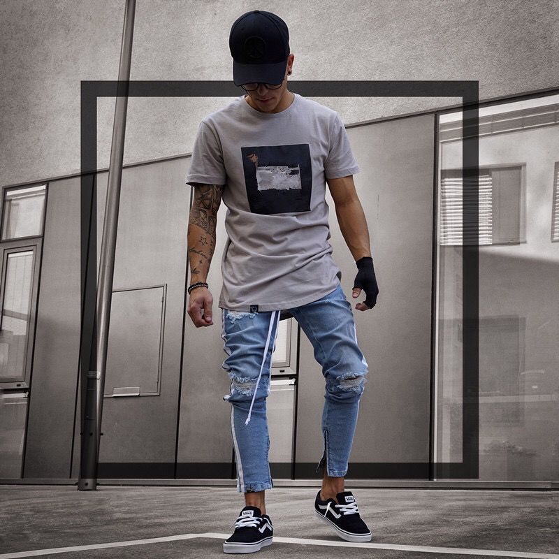 Denim pants with side stripe shop