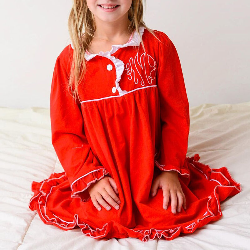 Nightgown Red Monogram Nightie Ruffle Gown Dress Children s Kids Matching Christmas Pajamas for Family