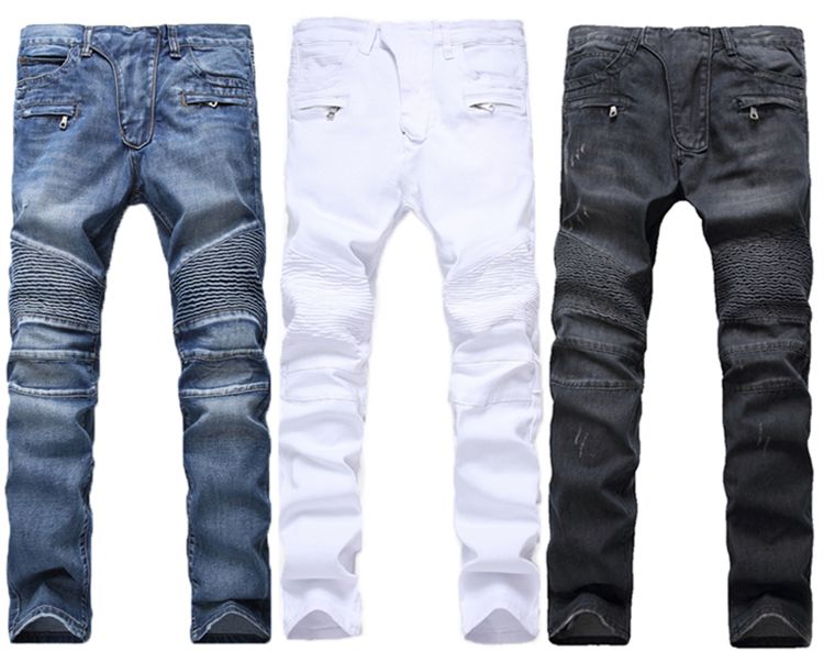 High Street Motorcycle Biker Men's Jeans with Wrinkle and Elastic Jeans with Zipper Pocket