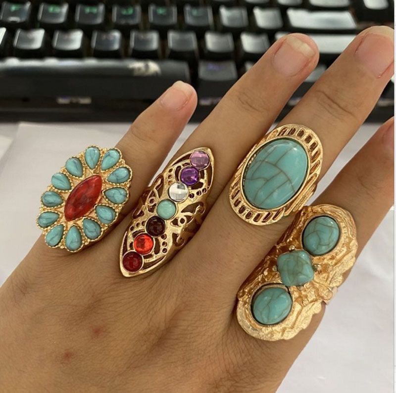 Vintage Turkish Punk Turquoise Ring 4Pcs/Set Women Boho Knuckle Ring Silver Midi Ring Sets