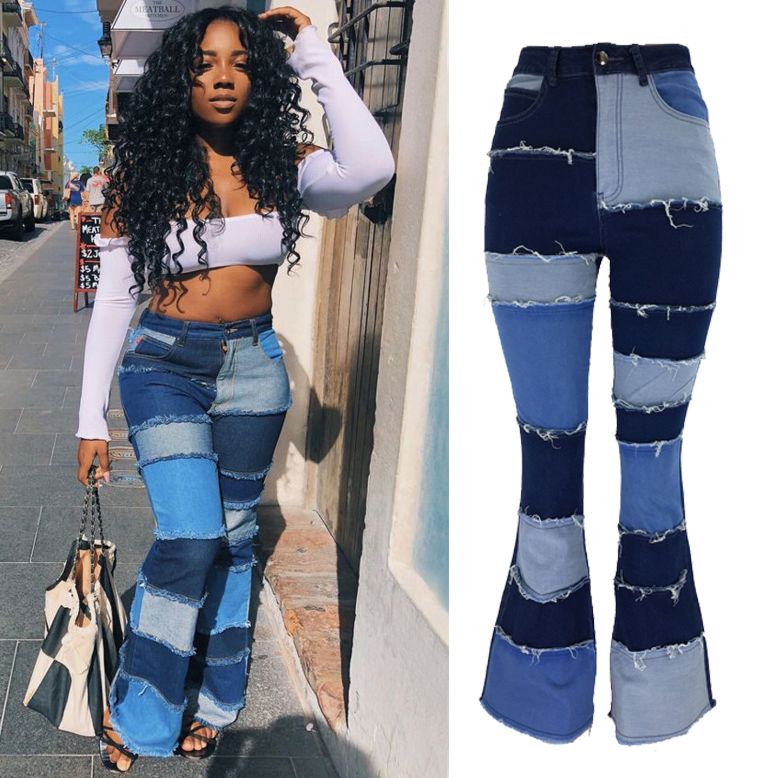Lo-200889 Ladies plus Size Bell Bottom Jeans Patchwork High Waist Jeans Women Washed Flare Jeans