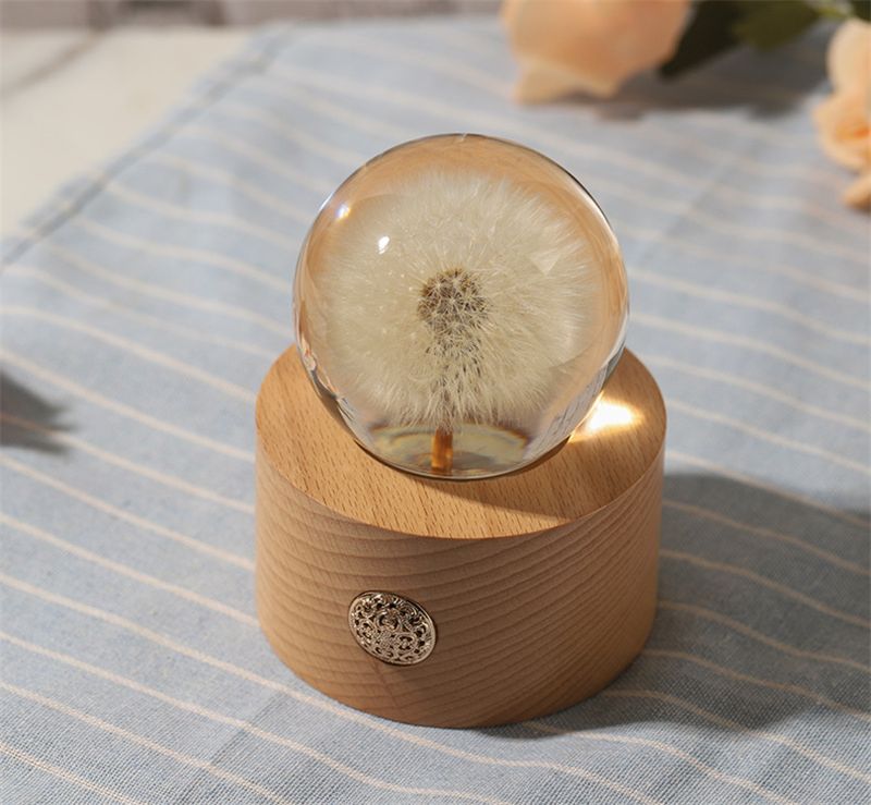 Touch Small Night Light Dandelion Crystal Ball Music Box Wood Home Ornament