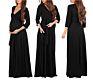 European Solid Color Dress Cross Deep V-Neck Drawstring Waist Three Quarter Sleeve Maternity Long Skirt
