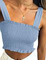Women's Frill Smocked Crop Tank Top Bow Tie Strap Shoulder Bandeau Stretch Tube Top
