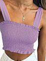 Women's Frill Smocked Crop Tank Top Bow Tie Strap Shoulder Bandeau Stretch Tube Top