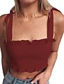 Women's Frill Smocked Crop Tank Top Bow Tie Strap Shoulder Bandeau Stretch Tube Top