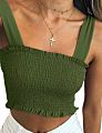 Women's Frill Smocked Crop Tank Top Bow Tie Strap Shoulder Bandeau Stretch Tube Top