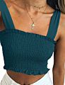 Women's Frill Smocked Crop Tank Top Bow Tie Strap Shoulder Bandeau Stretch Tube Top
