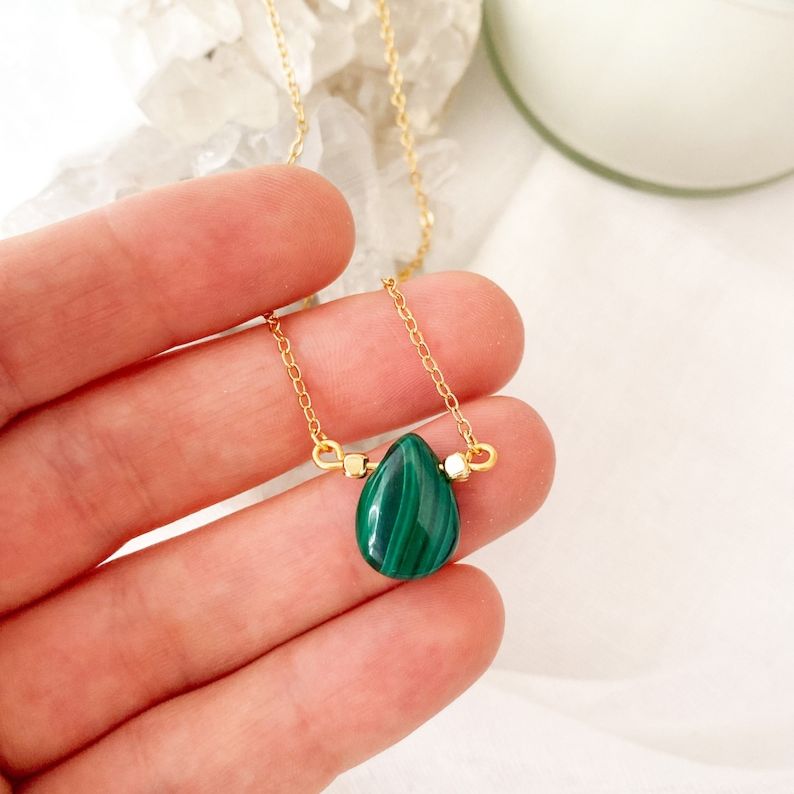 Genuine Malachite Necklace with Adjustable Chain Gemstone Natural Stone Teardrop Necklace