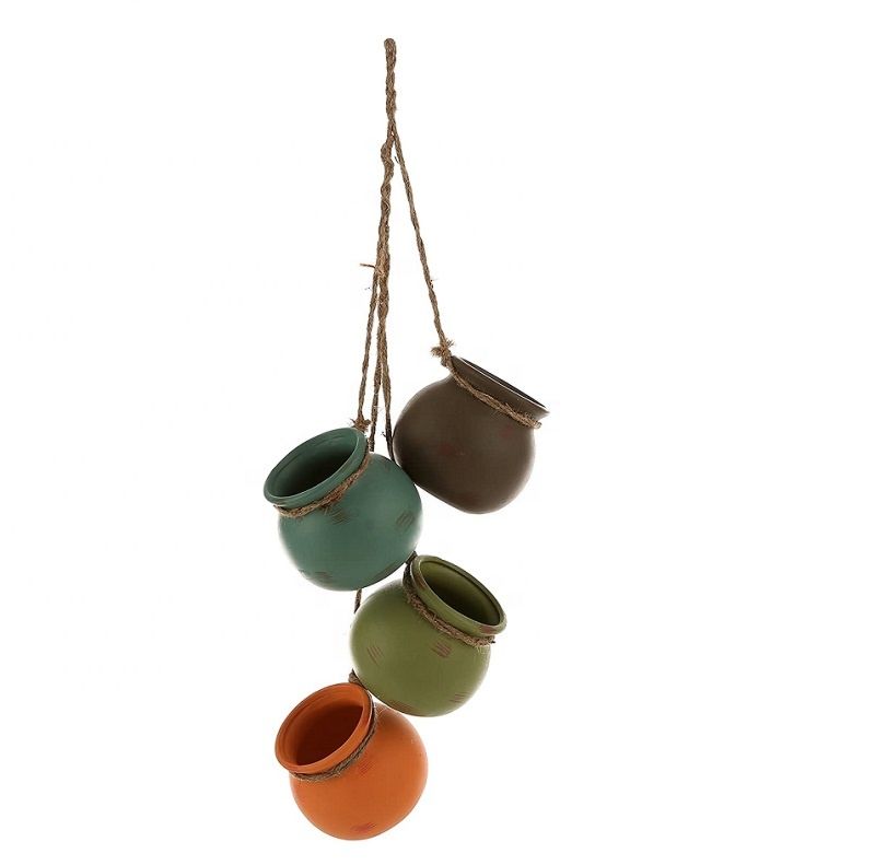4 Pot Mixed Fall Color Tone Ceramic Hanging Flower Planter Set with Jute Rope