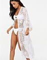 Flower Lace Beach Cover up Swimwear Kimono Flare Sleeve See through Long Cardigan Bikini Outer Cover Cover-Ups Coldker