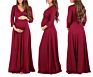 European Solid Color Dress Cross Deep V-Neck Drawstring Waist Three Quarter Sleeve Maternity Long Skirt