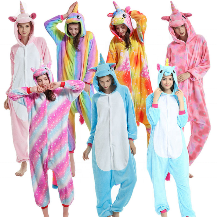 Flannel Unicorn Pajamas Girls Cartoon Animal Onesie Women Sleepwear Hooded for Adults and Kids