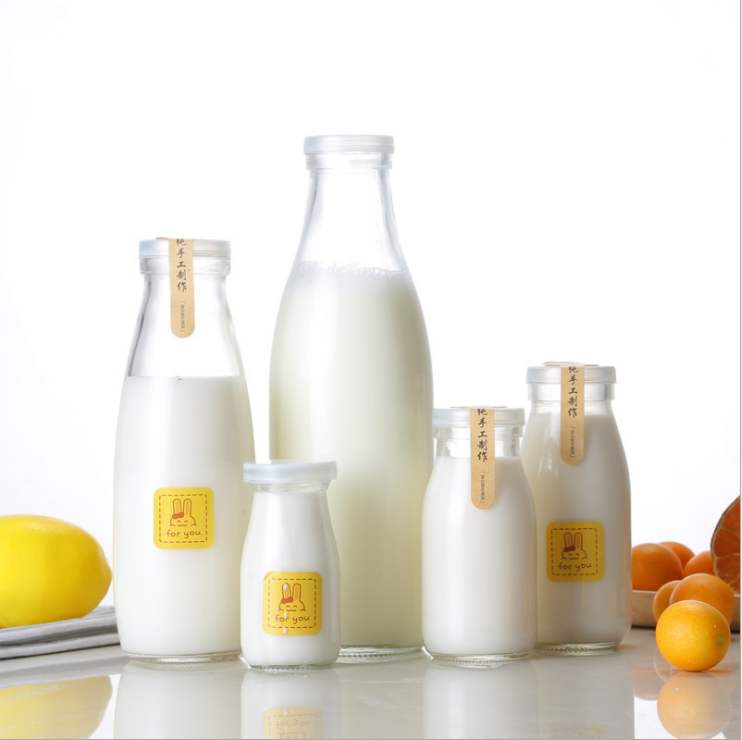 Beverage Glass Bottle Design Milk Bottle 200Ml 250Ml 500Ml 1000Ml Fresh Milk Bottle Glass with Lid