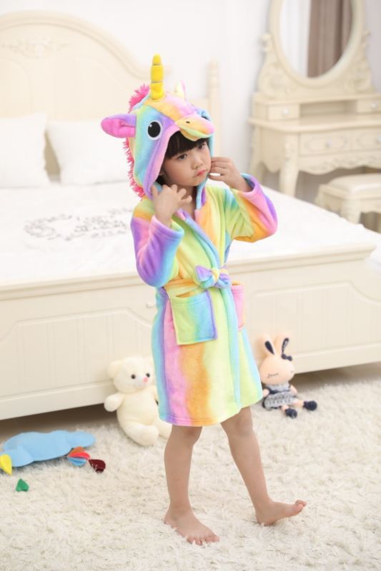 Children Star Unicorn Cartoon Animal Flannel Pajamas Fall Hooded Baby Kids Girls Bathrobe