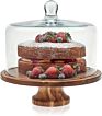 Glass Cake Cheese Dome Jar Lid with Acaciawood Footed round Wood Server Cake Stand