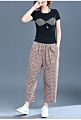 Women's and Art Large Size Elastic Waist Loose Wild Lattice Nine-Point Harem Casual Trousers