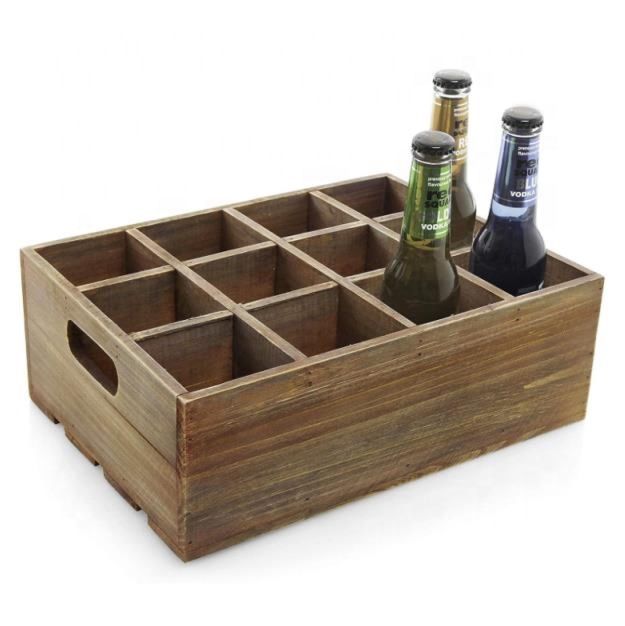 Rustic Brown Wood 12 Slots Beer Bottle Serving Crate Beer Storage Box with Carrying Handles