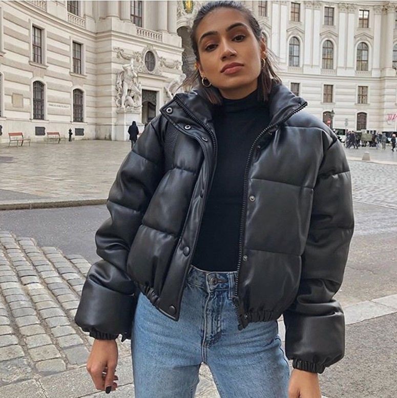 Women Black Pu Leather Coats Women Zipper Cotton Jackets Faux Leather Puffer Jack