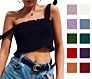 Women's Frill Smocked Crop Tank Top Bow Tie Strap Shoulder Bandeau Stretch Tube Top