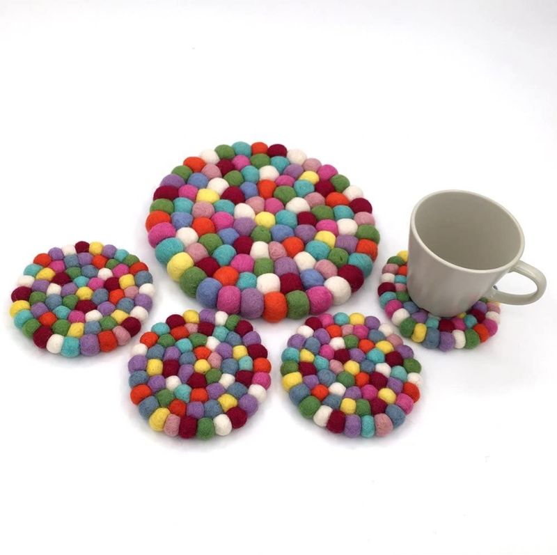 5 Pack Handmade Colorful Wool Felt Balls Trivet Coasters Placemats Coffee Coasters