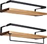 Set of 2 Rustic Storage Hanging Shelf Racks Wall Mounted Pinewood Paulonia Wood Floating Shelves for Kitchen Bathroom Bedroom