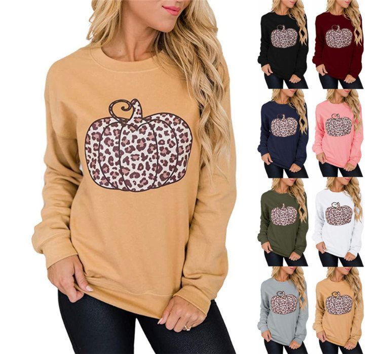 Tkop1959 Fall/ Women's round Neck Halloween Pumpkin Leopard Print Long Sleeve Women Sweatshirt