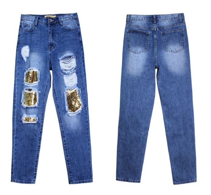 The Spot to Station European and American Style Bf Straight Tube Beggar Big Hole Jeans Loose Ripped Jeans