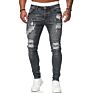 European and American Holes Worn White Slim Denim Old Trousers with Men