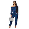 Le-19101519 Polyester Drawstring Long Sleeve Casual Plaid Jumpsuit with Belt