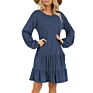 Ruffle Hem Pocketed Solid-Colored round Neck Long Sleeve Midi Dress
