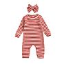 Waffle Stripe Long Sleeve Jumpsuits Infant Baby Unisex Boys Girls Rompers Headbands Set