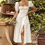 Dress Women Short Puff Sleeve Flroal Printed Ruched Party High Split Long Maxi Dresses Drawstring Vestidos Sundress