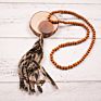 Handmade Wooden Disc Bead Beaded Pendant Women's Necklace Pearl Crystal Leopard Fabric Tassel Long Wool Chain