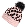 Leopard Warm Hat Wool Knitted Beanie Hat Removable Faux Fur Pom Pom Hats for Women